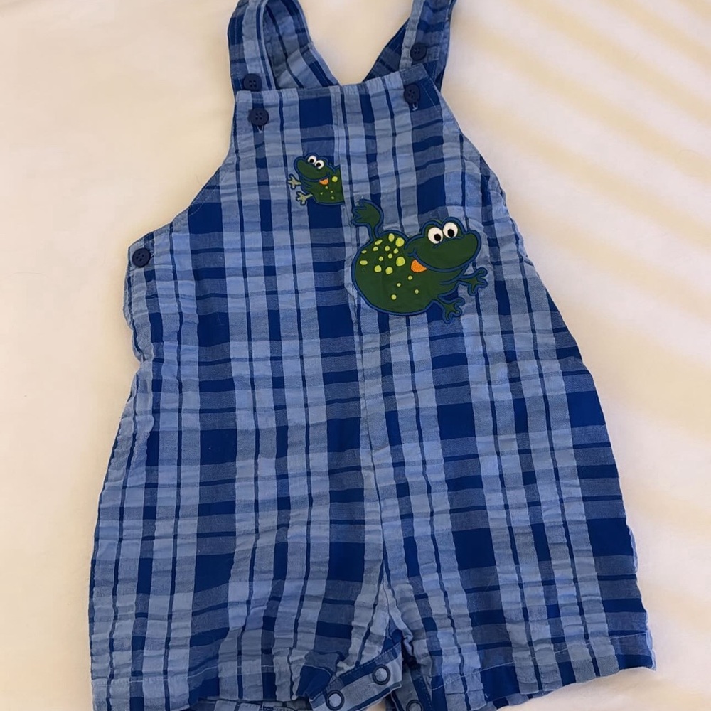 Vintage okie dokie blue plaid short overalls with frog embroidery 24 m